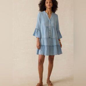 Faherty Dune Cotton Gauze Kasey Dress Light Indigo Wash flowy casual classic XS